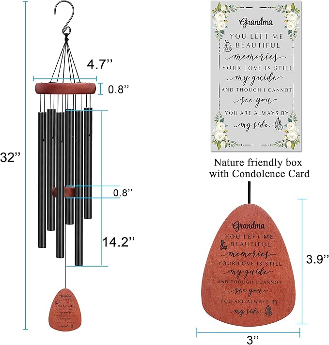 Memgift Memorial Wind Chime for Loss of Grandma - Solid Beech Wood Sympathy Gift - Outdoor Bereavement Wind Chime for Garden, Patio - in Remembrance of Grandmother 32 Inch-Ruum Studio Home