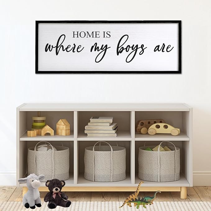 Home is Where My Boys are Sign Framed Wall Art, 32''×12'' Rustic Horizontal My Son Plaque with Black Frame for Baby Kid Boy Son Teen Toddlers Room, Horizontal Mom of Boys Gifts Nursery Decor-Ruum Studio Home