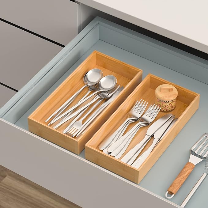 Silverware Tray for Drawer, Stackable Kitchen Bamboo Drawer Organizer 12" x 6" x 2" Set of 2-Ruum Studio Home