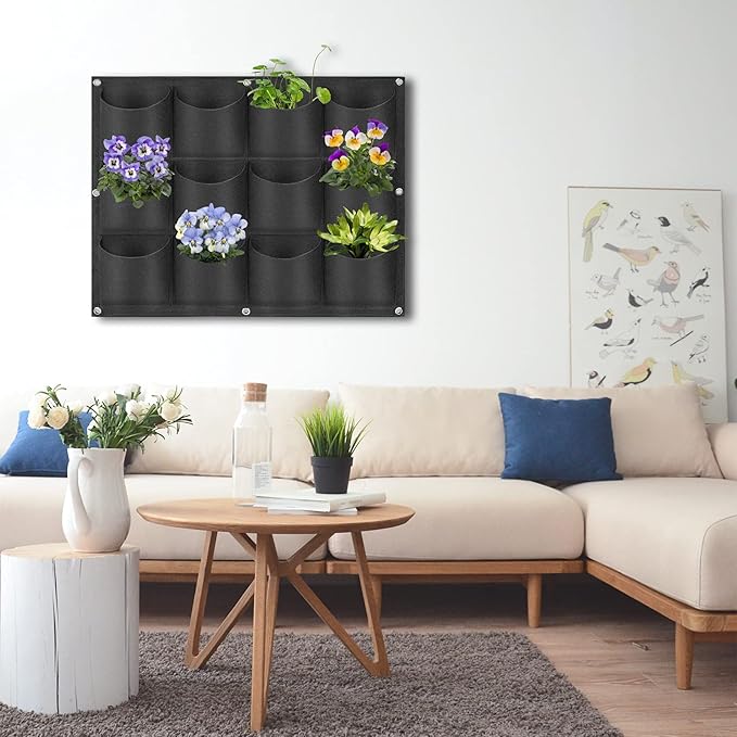 12 Pockets Hanging Planter Bags, Hanging Vertical Wall Mounted Plant Planting Grow Bags, Herb Garden Planter Outdoor Indoor Growing Bag, Gardening Vertical Greening Flower Container(0.6m×0.8m, Black)-Ruum Studio Home