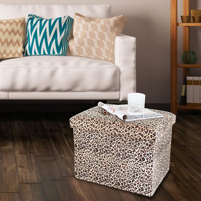 ALASDO Ottoman Storage Ottoman Footrest Stool Small Ottoman with Storage Foldable Ottoman Foot Rest Footstool Bench for Living Room 17x13x13inches Leopard Print-Ruum Studio Home