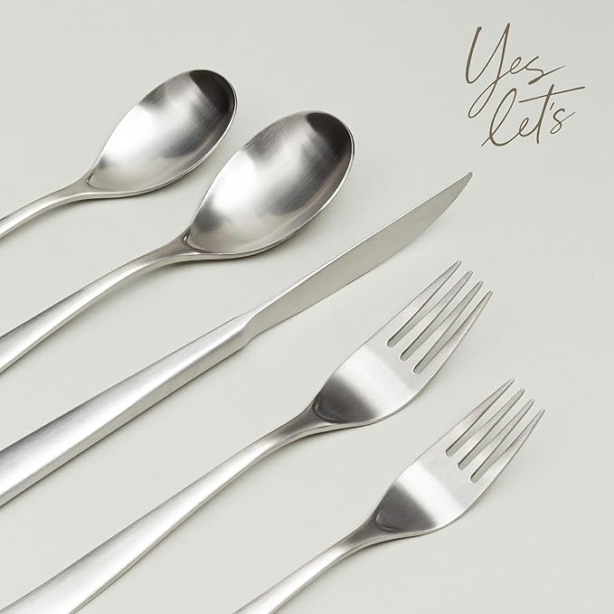over&back 20pc Curved Flatware Cutlery Set - Comes with 4 Dinner Forks, 4 Salad Forks, 4 Dinner Knives, 4 Dinner Spoons, and 4 Teaspoons - 18/8 Stainless Steel - Dishwasher-Safe - Brushed Stainless-Ruum Studio Home