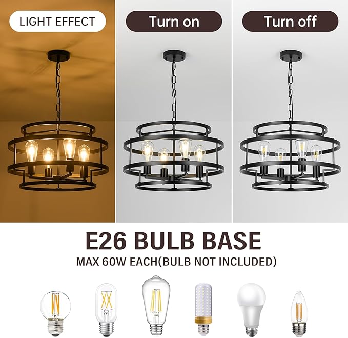 4-Light Black Chandelier for Dining Room, 19.7" Modern Farmhouse Pendant Light with Geometric Metal Frame, Industrial Flush Mount Ceiling Light for Living Room, Bedroom, Kitchen Island, Hallway, Foyer-Ruum Studio Home