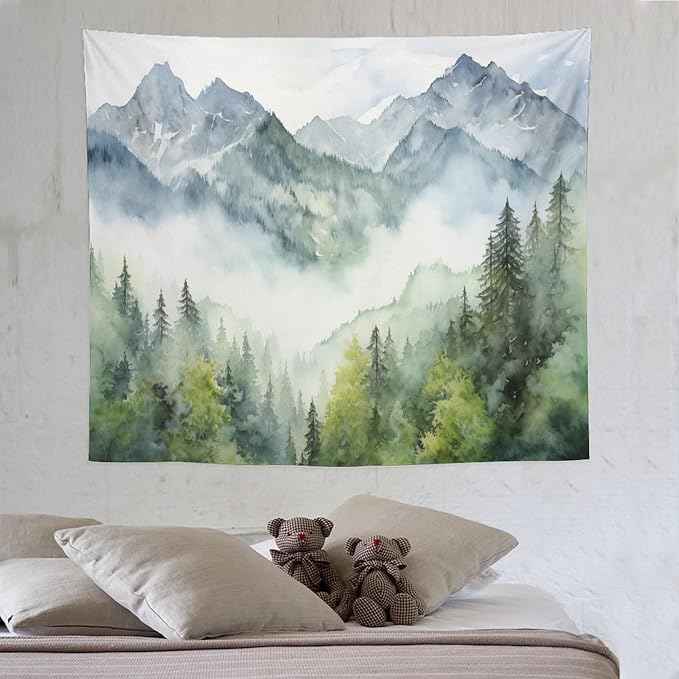 HZOHNAGO Mountain Tapestry Misty Green Forest Mountain Pattern Printed Wall Tapestry Wall Hanging for Bedroom Living Room Dorm 60" W x 50" H-Ruum Studio Home
