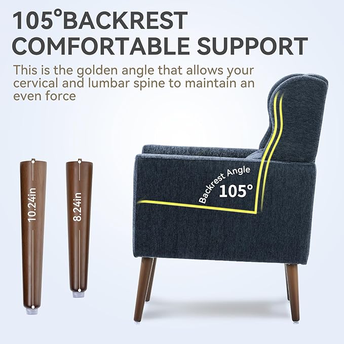Modern Accent Chair, Upholstered Armchair with Pillow, Fabric Single Sofa Chair with Lounge Seat and Wood Legs Accent Chair for Living Room Bedroom Small Spaces (Dark Blue)-Ruum Studio Home