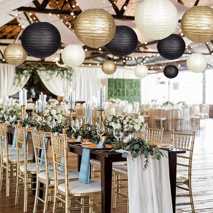 Paper Lanterns Decorative, Black Gold Hanging Round Chinese Lanterns with Lights for Graduation Anniversary Birthday Party 12 LED Light Pack of 12-Ruum Studio Home
