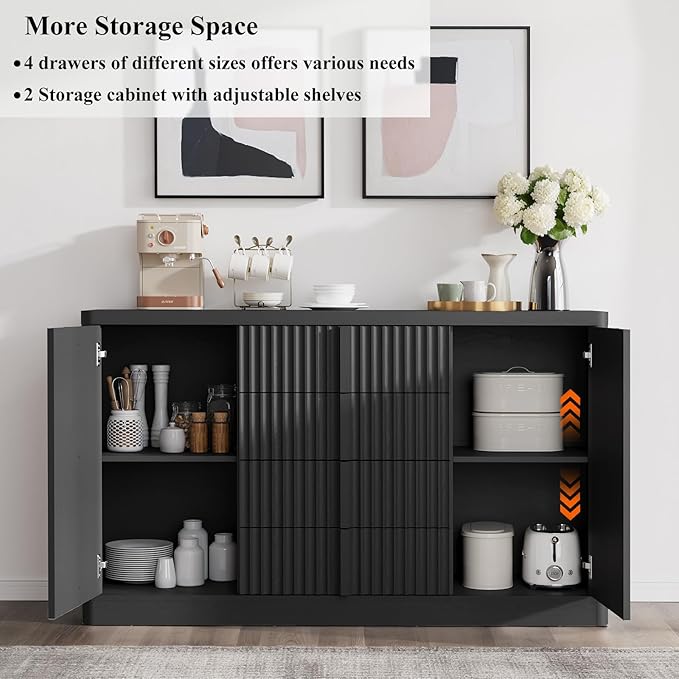 Buffet Cabinet with Storage, 60" Fluted Coffee Bar with 4 Drawers & 2 Doors, Modern Sideboard Buffet with Solid Wood Handle, Credenza Storage Cabinet for Living Room Kitchen Dining Room, Black(1PCS)-Ruum Studio Home
