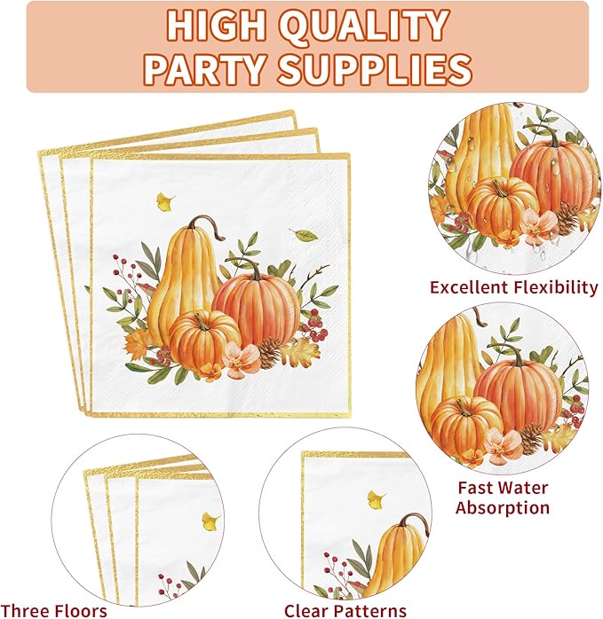Grencian 200Pcs Fall Plates and Napkins Thanksgiving Plates Pumpkin Flower Wreath Plate Disposable Pumpkin Tableware Fall Party Supplies for Autumn Harvest Thanksgiving Party Decorations, Serves 50-Ruum Studio Home