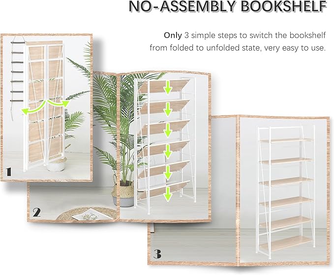 4NM No Assembly Foldable Bookshelf, 6-Shelf Collapsible Bookcase Storage for Small Spaces, 74" H, Natural White-Ruum Studio Home