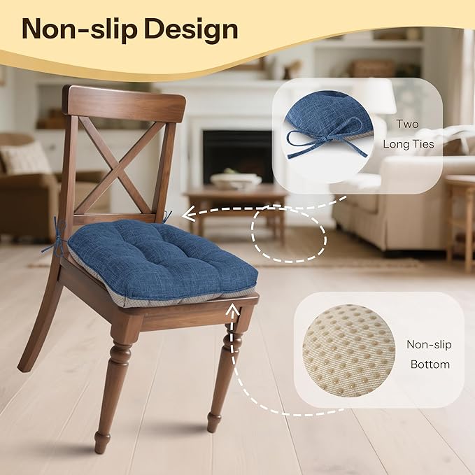 Non Slip Chair Cushions for Dining Chairs Set of 4 Kitchen Chair Cushions 18"x18"x3" Turfted Chair Pads Comfortable and Soft Seat Cushion with Ties, Royal Blue-Ruum Studio Home