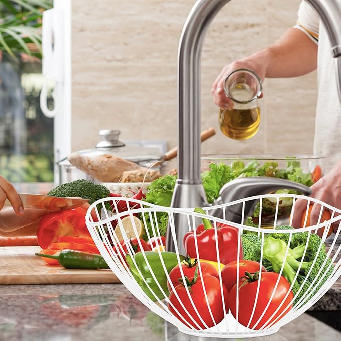 Metal Wire Fruit Basket, White Fruit Bowl for Kitchen Counter, Fruit Holder Stand Storage Baskets for Countertop, Home Decor, Table Centerpieces, Vegetable Bowls for Fruits, Veggies, Snacks (White)-Ruum Studio Home