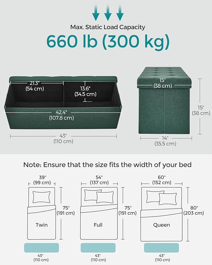 SONGMICS MAZIE Collection - 43 Inches Folding Storage Ottoman Bench, Ottoman Foot Rest, End of Bed Bench, Storage Chest, Load 660 lb, for Living Room, Bedroom, Entryway, Retro Green ULSF077C01-Ruum Studio Home