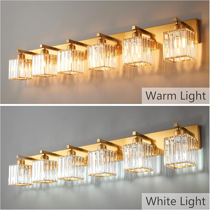 Modern 6-Light Gold Brushed Brass Finish Crystal Wall Light for Bathroom Vanity-Ruum Studio Home