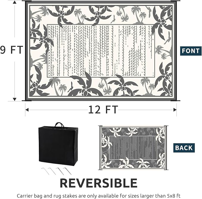 COCOER Outdoor-Rug 9x12 ft Waterproof Outdoor Plastic Straw Rug Reversible RV Indoor Outdoor Carpet Quick Dry Patio Rug Camping Mat for Balcony Backyard Picnic Beach-Grey&Beige-Ruum Studio Home