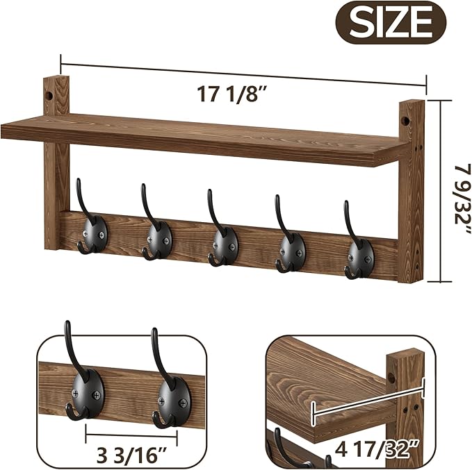 AMBIRD Wall Hooks with Shelf - Wooden Entryway Organizer with 5 Dual Hooks, Retro Wall-Mounted Coat Hook Rack for Bathroom, Living Room, Bedroom (17.12 Inch)-Ruum Studio Home