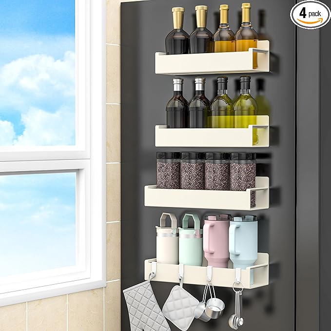4 Pack Magnetic Spice Rack Organizer for Refrigerator and Oven, Cream White Fridge Organizers and Storage for Kitchen-Ruum Studio Home