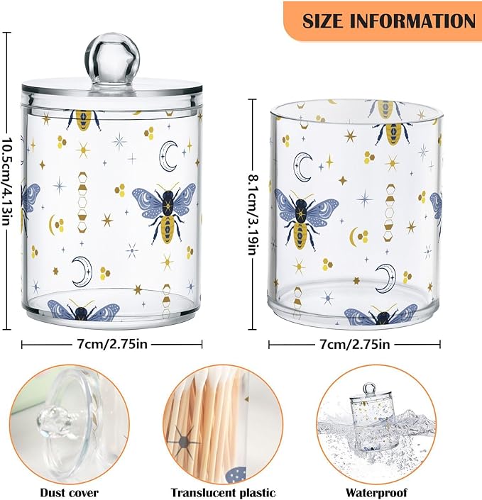 2 Pack Qtip Holder Organizer Dispenser Bee Boho Honeybee Insect Bathroom Storage Canister Cotton Ball Holder Container for Cotton Pads/Swabs/Floss-Ruum Studio Home