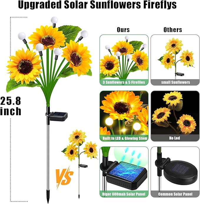 Solar Sunflower Lights Outdoor Waterproof - 6 Pack Solar Powered Sunflowers with Firefly Solar Lights for Garden Lawn Decor-Ruum Studio Home