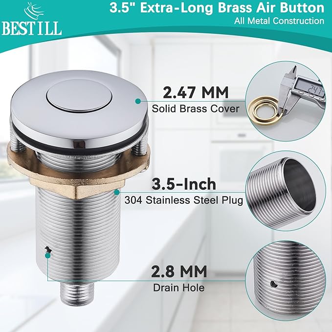 BESTILL Garbage Disposal Air Switch Kit - UL Listed, Brass 3.6" Long Push Button for Waste Disposer, Cordless Sink Top Switch Button, Polished Chrome, Compatible with all Garbage Disposals-Ruum Studio Home