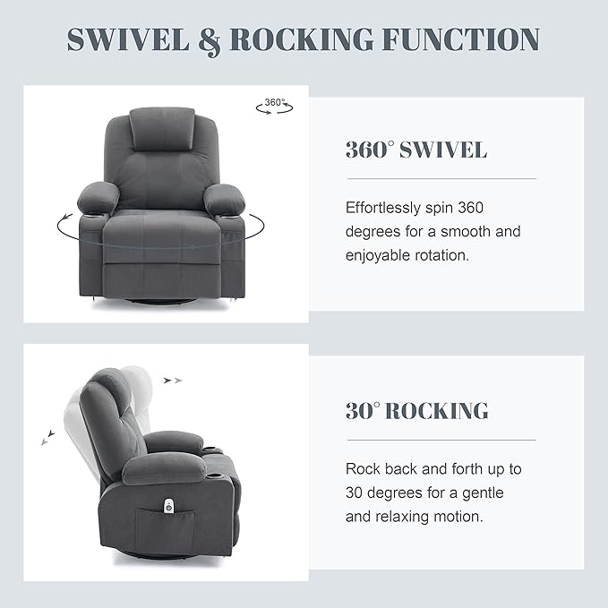Oversized Swivel Rocker Recliner Chair with Heat and Massage, 360 Degree Swivel Rocking Single Sofa with Cup Holders and USB Port, Big Large Recliner Chair for Living Room (Fabric, Darkgrey)-Ruum Studio Home