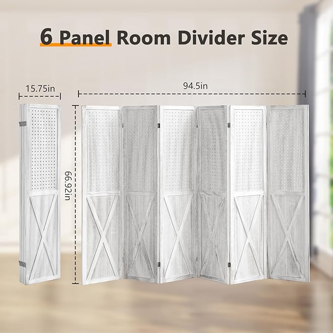 6 Panel Pegboard Room Divider, 5.6Ft Pegboard Display Folding Privacy Screens, Wood Room Divider Peg Board Display Freestanding for Trade Show Craft Show Home Wall Organizer, Retro White-Ruum Studio Home