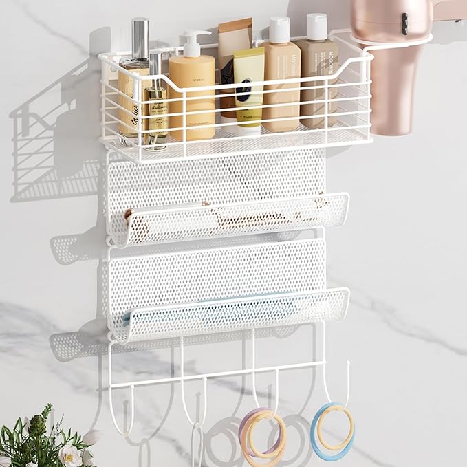 VITVITI Metal Hair Tool Organizer Wall Mount, Hair Dryer Holder with 3 Tier Shelf Basket Hooks, Bathroom Hair Styling Tool Organizer for Curling Iron/Blow Dryer/Straightener, White-Ruum Studio Home