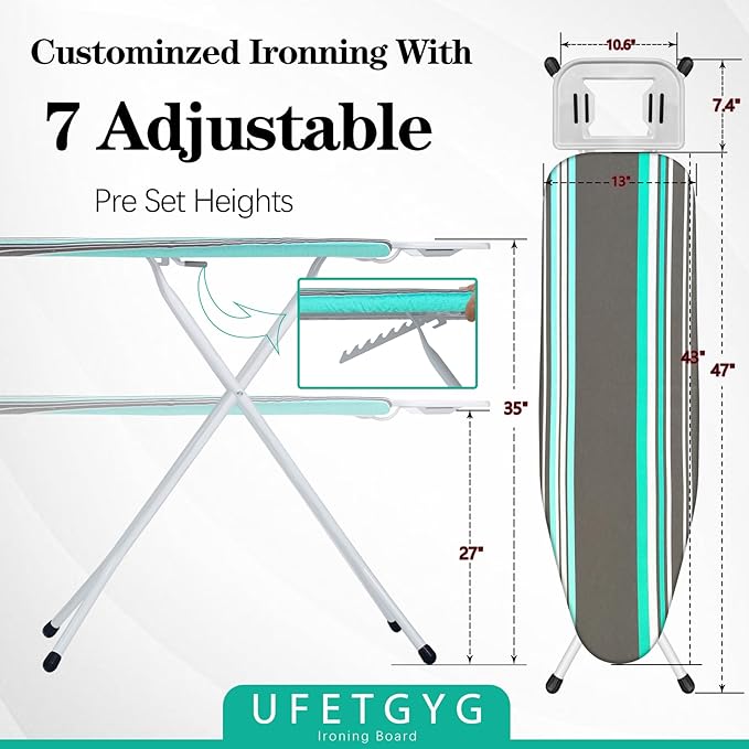 Ironing Board,Full Metal Construction| Height Adjustable, 43" X 13" W/with Iron Rest Heat & Scorch Resistant Fabric, Anti-Skid Feet, Heavy Duty| Easy to Fold-Ruum Studio Home