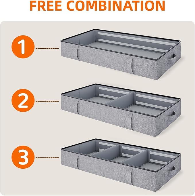 Vailando Under Bed Storage, 2 Pack Under Bed Storage Containers with Dividers, Firm Sides, Strong Zipper, 3 Reinforced Handles, 6 Inches Low Profile Underbed Storage Bins for Clothes, Blankets, Grey-Ruum Studio Home
