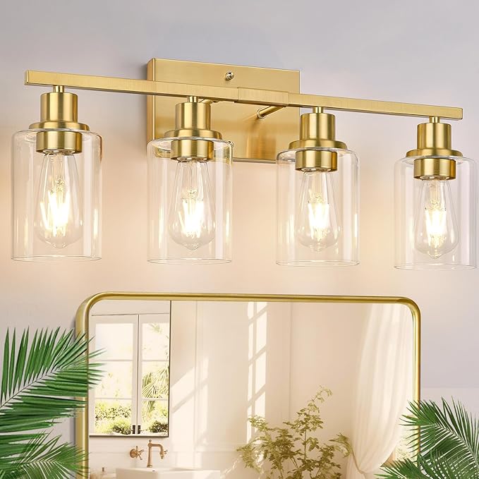 4-Light Vanity Lights with Clear Glass Shades, Brushed Gold Bathroom Light Fixtures Over Mirror, Modern Bathroom Wall Lamp for Mirror Living Room Cabinet Bedroom Porch-Ruum Studio Home
