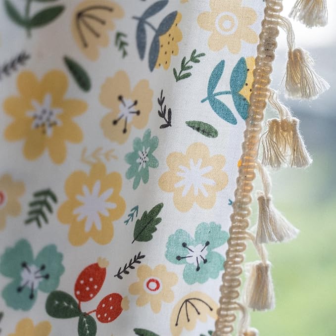 Sutuo Home Boho Curtain Semi-Blackout Colorful Florals Print Cotton Linen Fabric, Handmade Tassels Rod Pocket Bohemian Farmhouse Country Window Drapes for Living Bedroom, 59" W x 84" L, 1 Panel-Ruum Studio Home