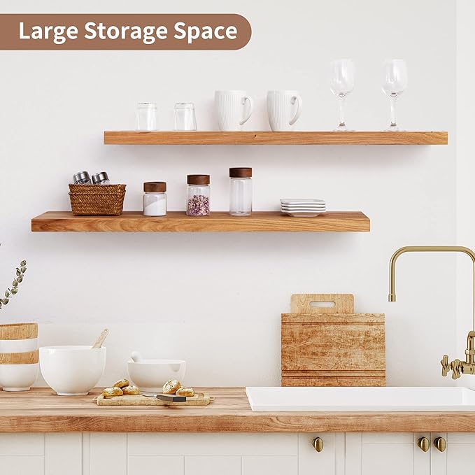 Axeman Floating Shelves for Wall, 8 Inch Deep Rustic Solid Elm Wood Wall Shelves for Storage, Wall Mounted Display Shelving with Invisible Heavy-Duty Metal Bracket, 36'' Width Set of 2, Natural-Ruum Studio Home