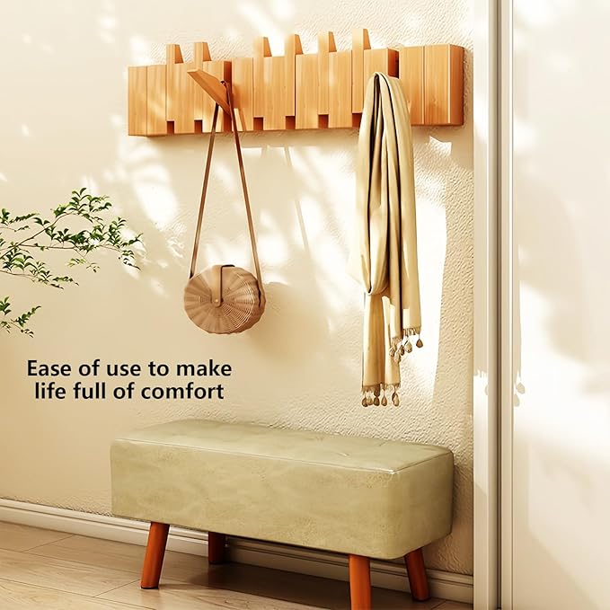 Wall Mounted Piano Key Hanger | Flip Style Hook | Entrance Wall Art Hook, Made of Oak Wood (3 Times Painted, 4 Times Polished) (Beech, 12Hooks)-Ruum Studio Home