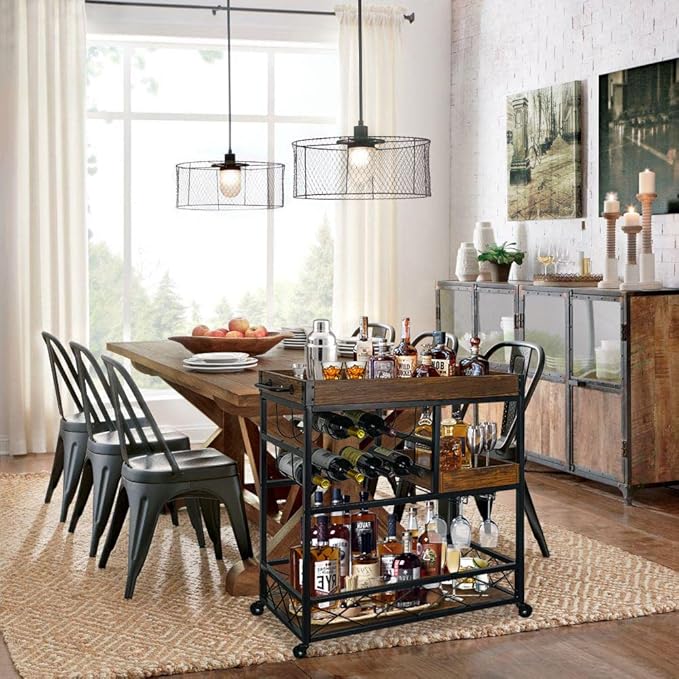 Bar Cart Industrial Kitchen Serving Carts for Home 3 Tier Storage Trolley with Wine Rack Glasses Holder Two Portable Trays Universal Casters with Brakes Rustic Rolling Cart Alcoholic Beverage-Ruum Studio Home
