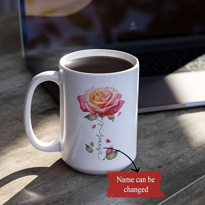 Novelty Rose Accent Cup For Girl, Personalized Rose Flower Coffee Mug 11oz 15oz, Customized Rose Lover Ceramic Cup With Name, Custom Flower Design Mug, Gift For Anniversary-Ruum Studio Home