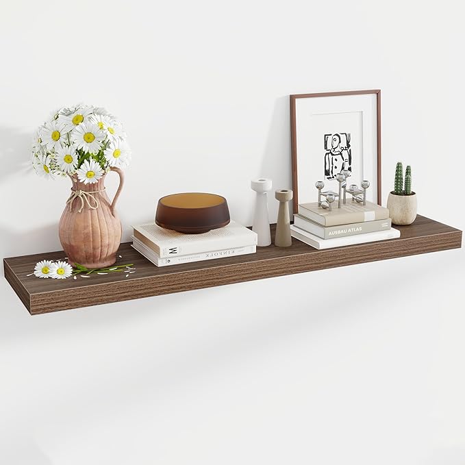 48 Inch Floating Shelves, 12 Inch Deep Floating Shelves for Wall, Floating Shelf with Invisible Brackets, Deep Shelves for Bathroom, Bedroom, Living Room, 1 Pack, Walnut-Ruum Studio Home
