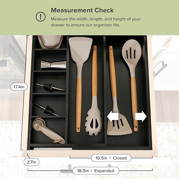 Adjustable Kitchen Drawer Organizer for Utensils and Junk, Food-Safe Contract Grade with 100% Sustainable Wood, Expandable from 10.5 to 19 Inches Wide - Black Bamboo-Ruum Studio Home