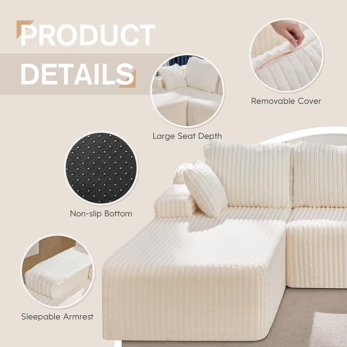 Hobestluk Modular Sectional Sofa Couches 108" L-Shape Couch 3 Seat Modular Sofa Memory Foam Sectional Couches for Living Room, Boneless Couch with Oversized Chaise (White, Left Facing)-Ruum Studio Home