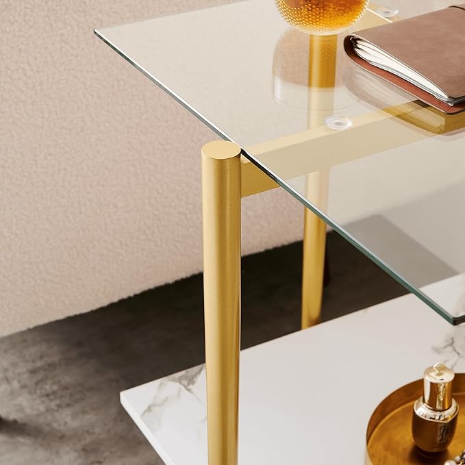 Square Glass End Table, Mid-Century Modern Design Sofa Table, for Living Room, L18 x W18 x H23, Clear Glass Top and White Marble MDF Shelf, Sleek Conical Metal Legs with Gold Finish-Ruum Studio Home