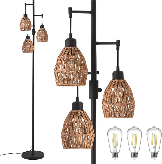 Boho Rattan Floor Lamp-Standing Lamps for Living Room 70'' Dimmable Floor Lamp with Cage Shade, Industrial Farmhouse Floor Lamps Rustic Floor Lamps Vintage Lamp for Living Room Bedroom Office-Ruum Studio Home