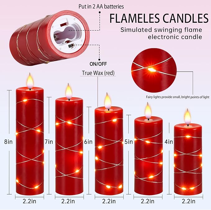Red Flameless Candle with Remote Control LED Candle with String Lights Battery Powered Flameless Candle4'' 5'' 6'' 7'' 8'' Candles of 5 Pcs-Ruum Studio Home