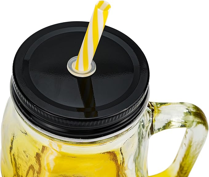Halloween Cups Set of 4 - Yellow Skull Glass Drinking Jar with Lids and Straws - Halloween Decor, Drinking Glasses 16 oz-Ruum Studio Home