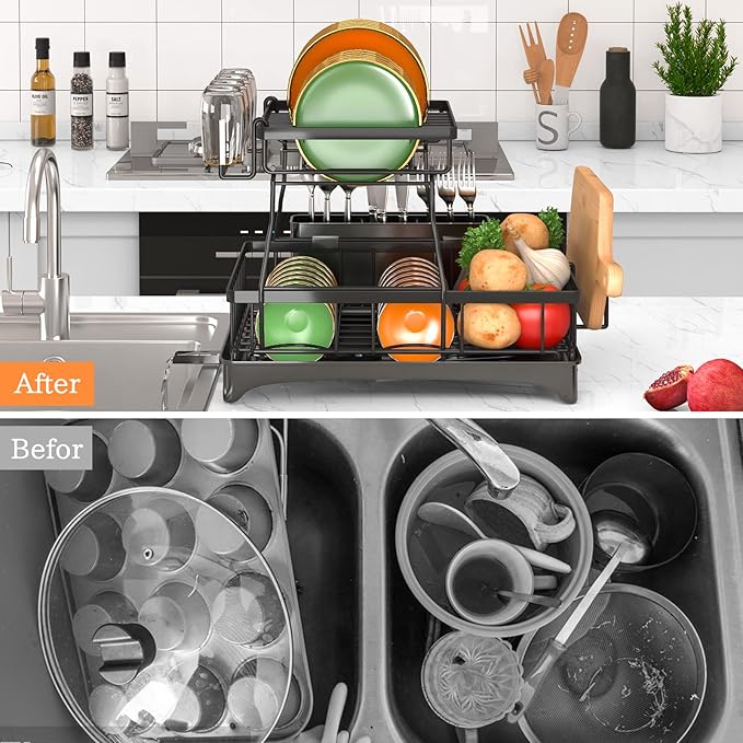 Godboat Dish Drying Rack, 2-Tier Dish Rack with Auto-Drain & Mat, Dish Racks for Kitchen Counter, Dish Drainer with Knife, Fork & Cup Rack, Gifts for Women, Mothers Day, Cool Stuff & Kitchen Gadgets-Ruum Studio Home