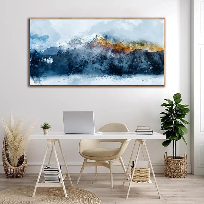 Framed Canvas Wall Art Indigo Abstract Mountain Pictures Wall Decor Blue Grey Orange Mountain Peaks Canvas Painting Prints Modern Abstract Artwork for Living Room Bedroom Decoration 29" X 58"-Ruum Studio Home