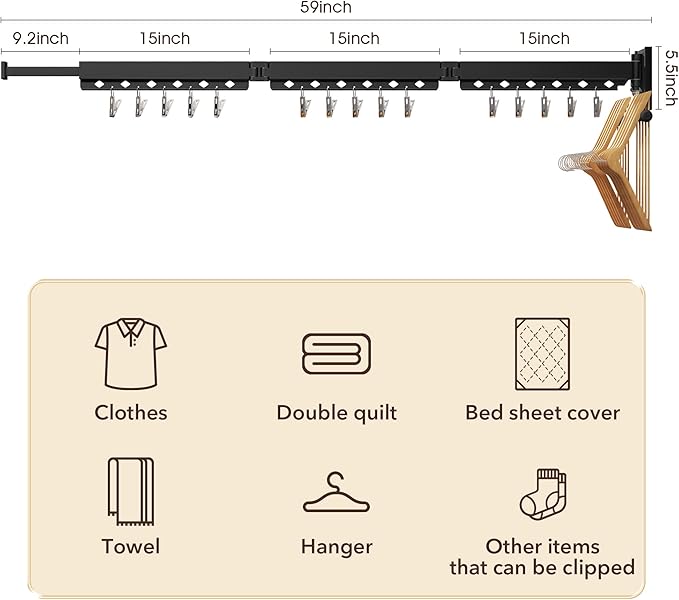 Wall Mounted Clothes Hanger, Aluminum Clothes Drying Rack, Space Saver, Retractable, Windproof Holes, with Clips-Ruum Studio Home