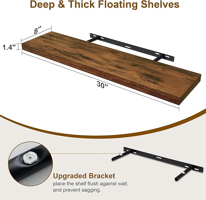 30 Inch Floating Shelves, Rustic Floating Wall Shelves 8 Inch Deep, 30 x 8 Floating Shelves for Home Decor, Deep Storage Shelves for Kitchen, Bathroom, Living Room, Rustic Brown Color, Set of 2-Ruum Studio Home