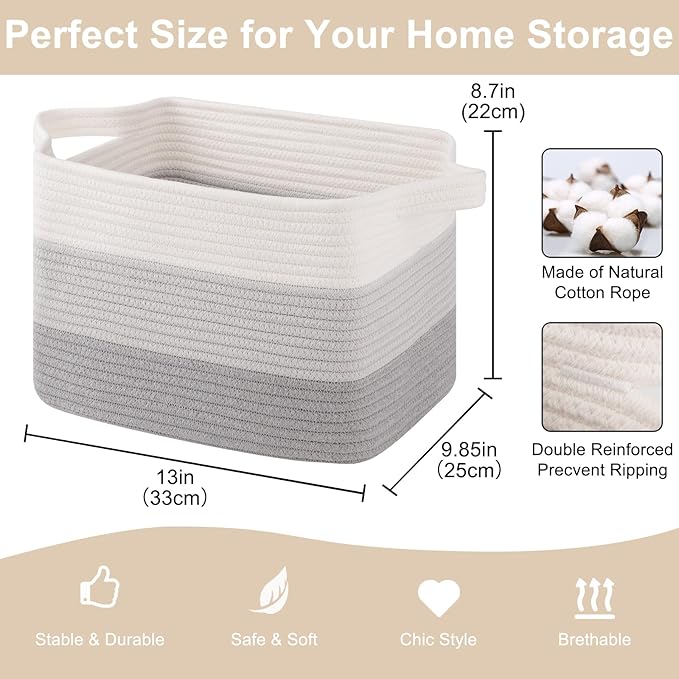 Storage Baskets for Organizing, Woven Baskets for Shelves, Rectangle Decorative Organizer for Storage Clothes, Toy, Books, Towels Nursery Bins 3 Pack (Gradient Grey)-Ruum Studio Home