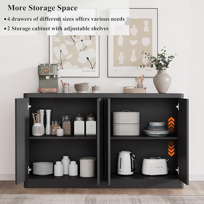 Fluted Buffet Cabinet with Storage, 60" Sideboard Buffet Storage Cabinet with 4 Doors & Adjustable Shelves, Wood Coffee Bar Credenza Accent Cabinet for Kitchen, Dining Room, Living Room, Black(1PCS)-Ruum Studio Home
