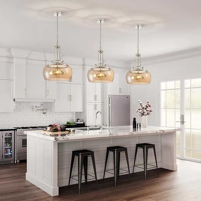WUZUPS Nickel Chandelier Rustic Farmhouse Industrial Round Ceiling Pendant LED Light Fixture with Amber Glass Shade for Dining Room Kitchen Island Foyer Entryway, H 20.9" W 15.9", E26 Base-Ruum Studio Home