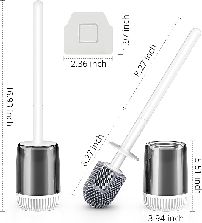 Silicone Toilet Brush and Holder Set with L-Shaped Brush Head, Wall Mounted Toilet Brush Set with Long Non-Slip Handles, Compact Toilet Bowl Cleaner Brush Suitable for RV Trailers & Bathroom (1 Pack)-Ruum Studio Home