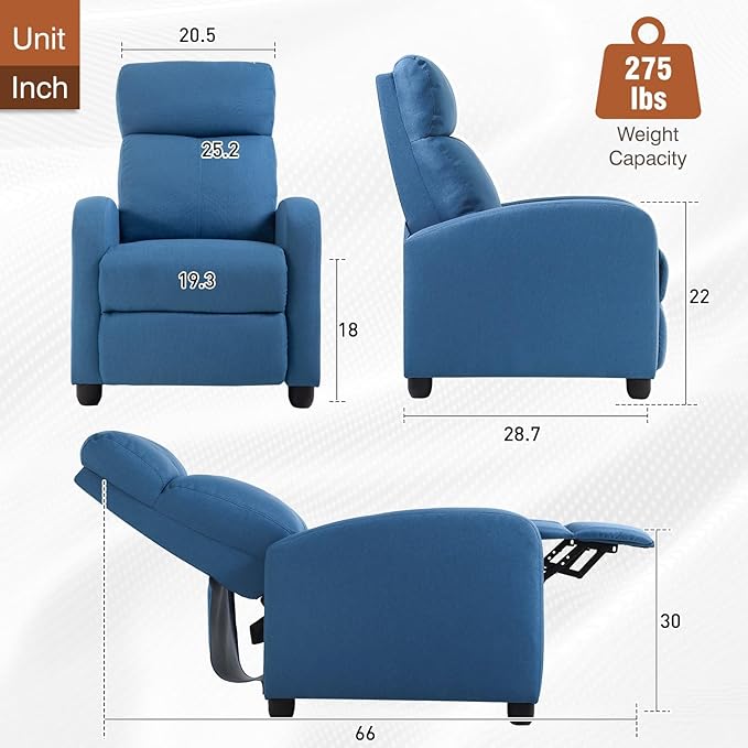 BestMassage | Recliner Chair | No Massage Function | Textile Blue | with Lumbar Support, Adjustable Push Back, Wide Armrests, Footrest & Padded Seat | Easy Assembly | for Living Room, Home Theatre-Ruum Studio Home